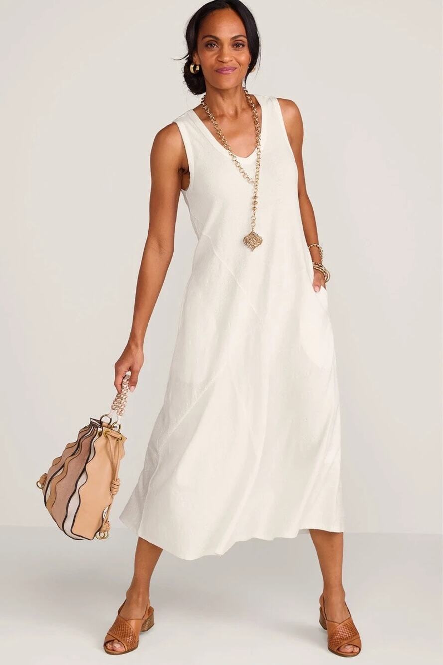 Soft Surroundings Bailey Midi Dress White Cotton Textured Coastal Resort XS